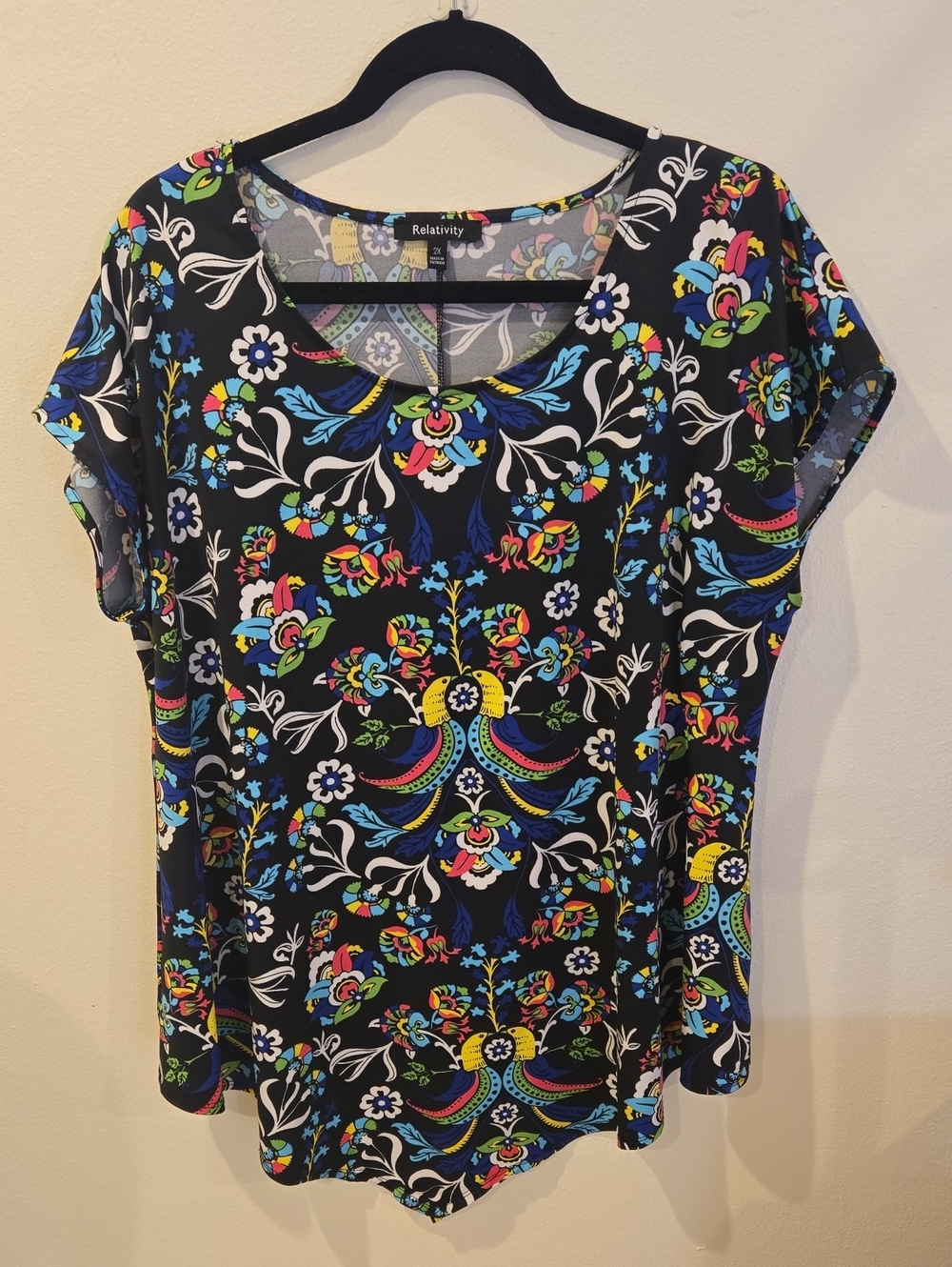 Relativity Black Short Sleeve Floral Top with Blue, Yellow, Green & Pink Accents